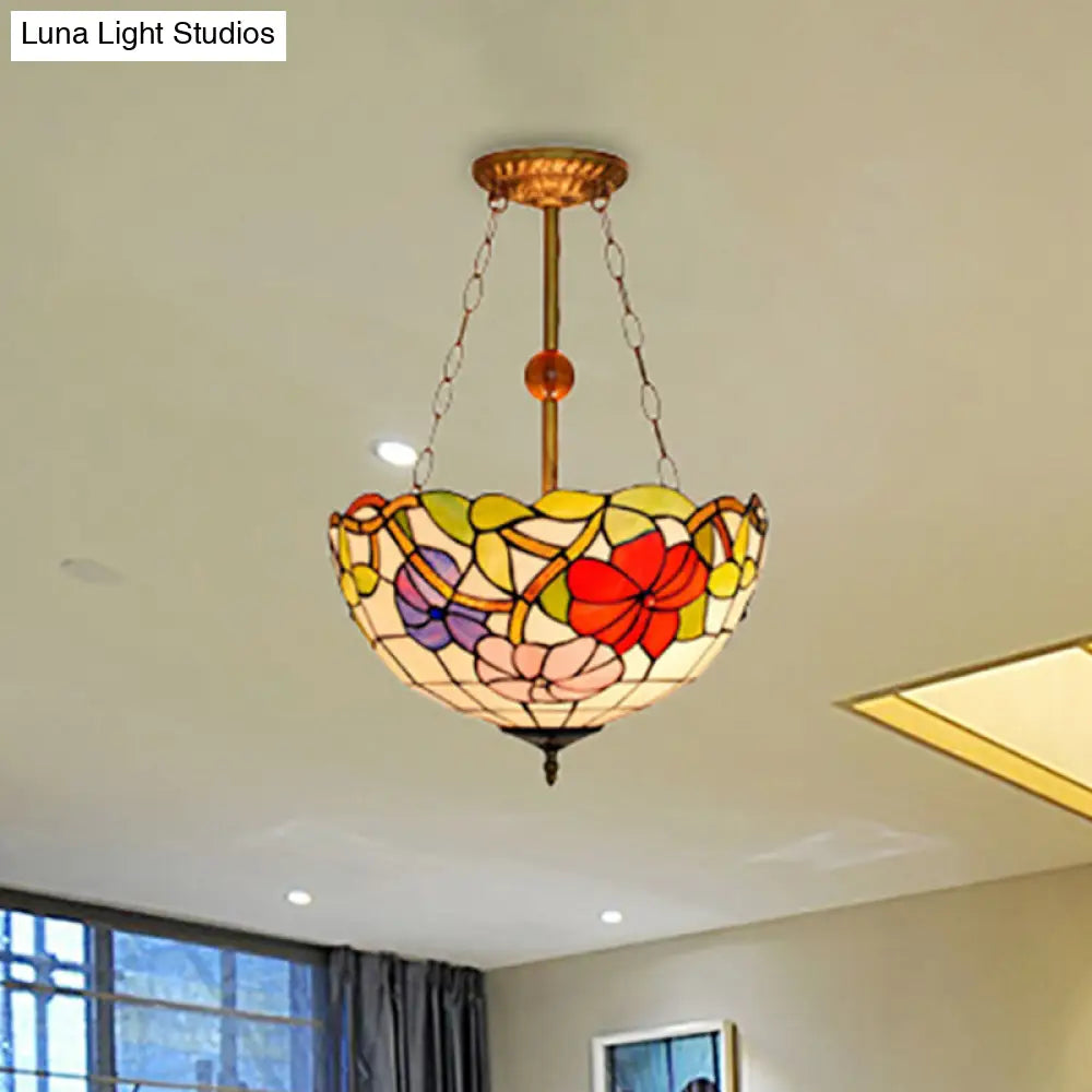 Flower Pattern Tiffany Semi Flush Mount Ceiling Light Fixture Brass / Morning Glory