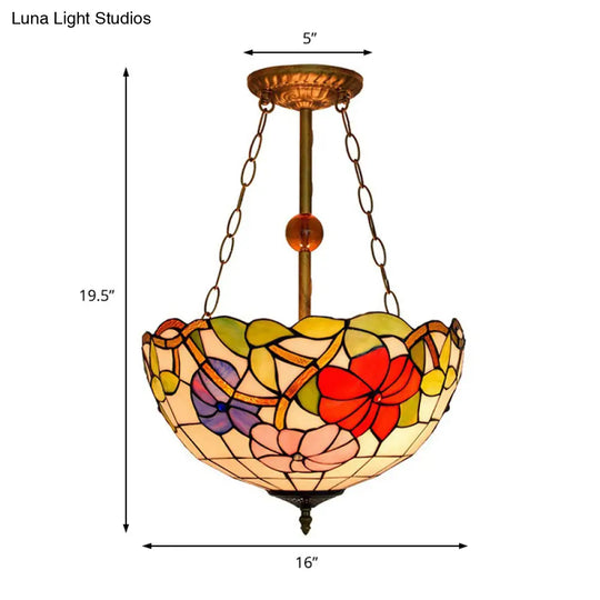 Blossom Tiffany Antique Stained Glass Ceiling Fixture - Inverted Semi Flush Mount Light With