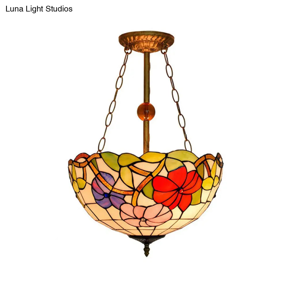 Blossom Tiffany Antique Stained Glass Ceiling Fixture - Inverted Semi Flush Mount Light With