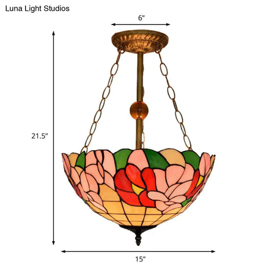 Blossom Tiffany Antique Stained Glass Ceiling Fixture - Inverted Semi Flush Mount Light With