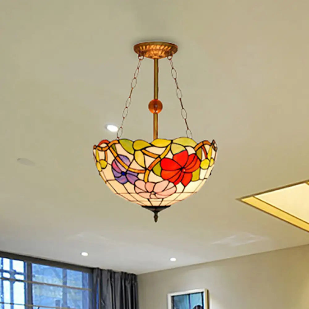 Blossom Tiffany Antique Stained Glass Ceiling Fixture - Inverted Semi Flush Mount Light With