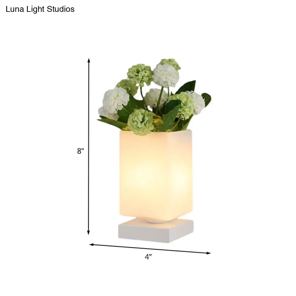 Blossom White Glass Led Night Lamp: Art Deco Cone/Rectangle Nightstand Lighting For Bedroom