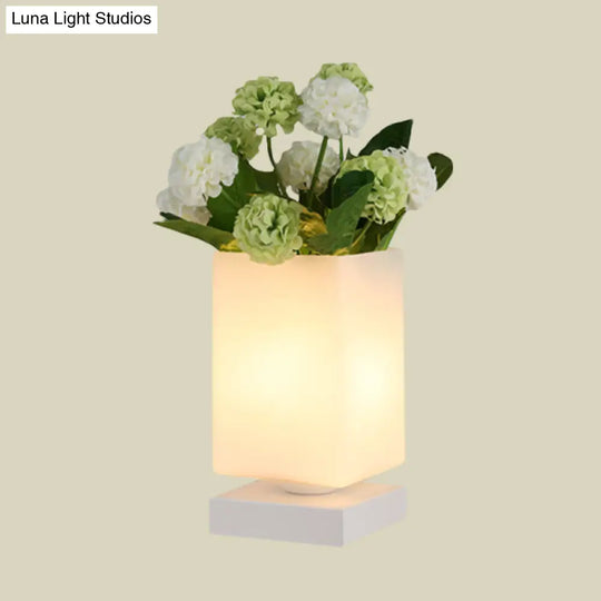 Blossom White Glass Led Night Lamp: Art Deco Cone/Rectangle Nightstand Lighting For Bedroom