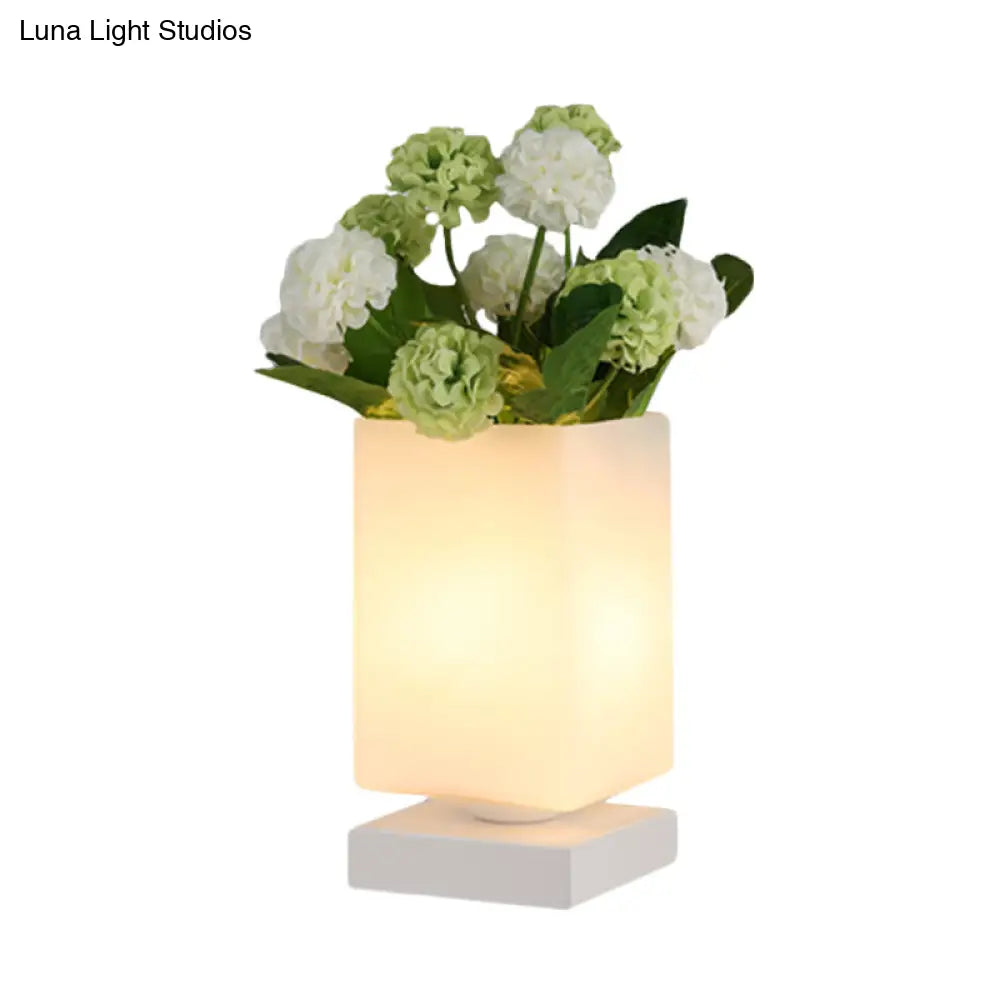 Blossom White Glass Led Night Lamp: Art Deco Cone/Rectangle Nightstand Lighting For Bedroom