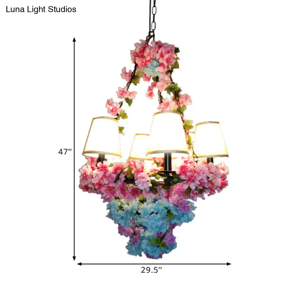 Farmhouse Led Chandelier Lamp In Black/Pink/Green For Dining Room: Blossoming Metallic Suspension