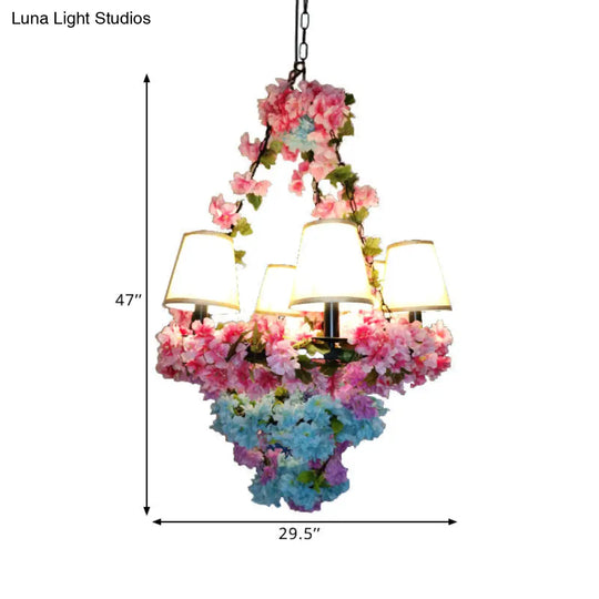 Farmhouse Led Chandelier Lamp In Black/Pink/Green For Dining Room: Blossoming Metallic Suspension