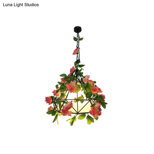 Farmhouse Led Chandelier Lamp In Black/Pink/Green For Dining Room: Blossoming Metallic Suspension