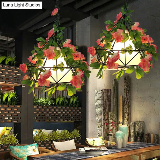 Farmhouse Led Chandelier Lamp In Black/Pink/Green For Dining Room: Blossoming Metallic Suspension