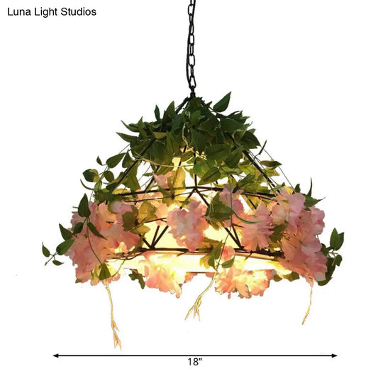 Farmhouse Led Chandelier Lamp In Black/Pink/Green For Dining Room: Blossoming Metallic Suspension