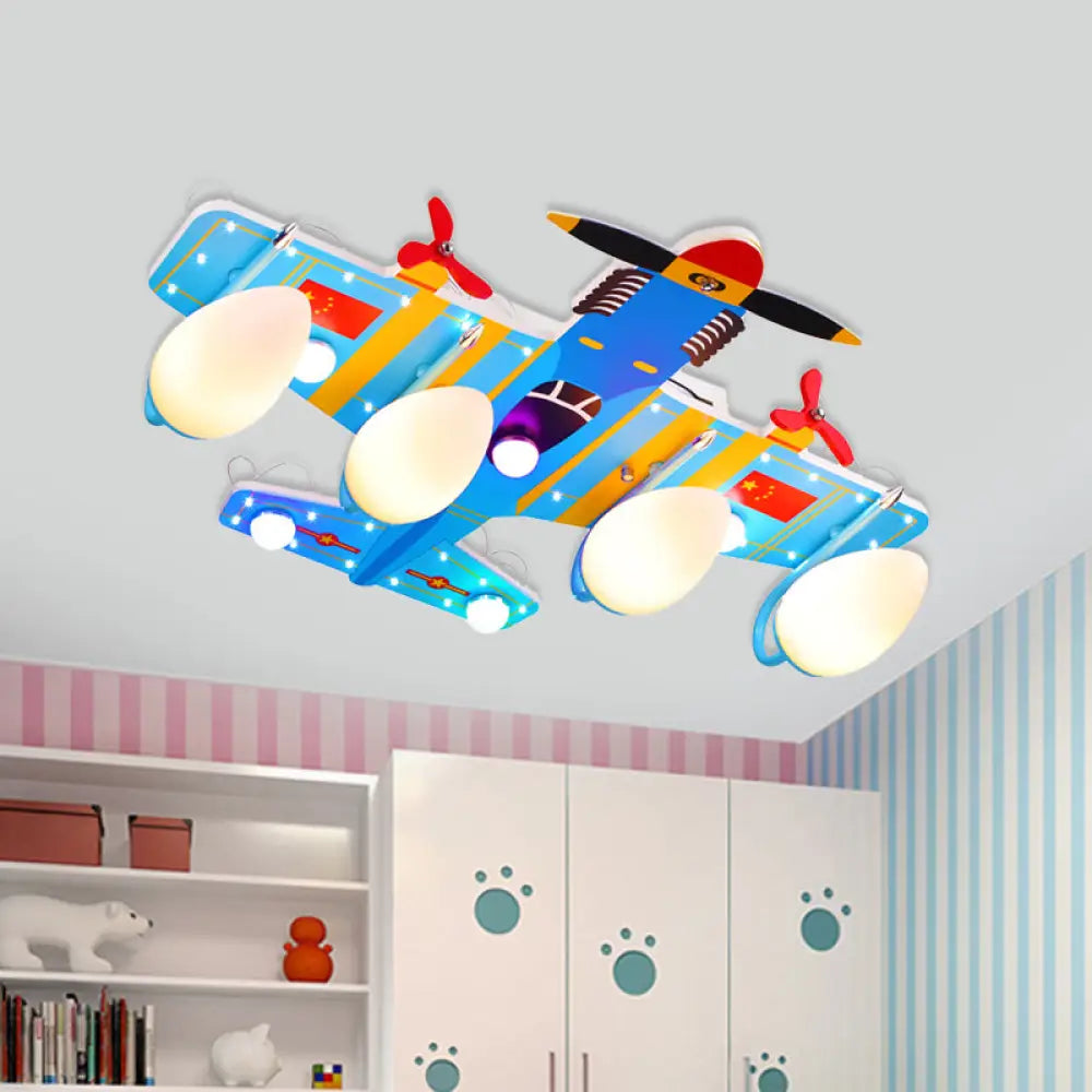 Blue Acrylic Fighter Jet Ceiling Light For Boy’s Bedroom - 4 Head Flush Mount Fixture