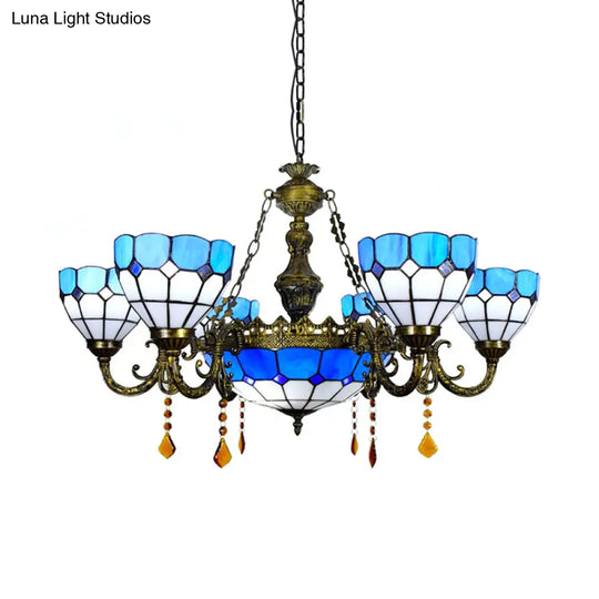 Blue Agate Multi-Head Tiffany Chandelier: Art Glass Domed Traditional Hanging Light