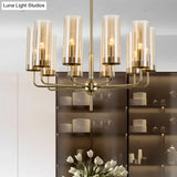 Blue/Amber Glass Cylinder Chandelier - 6/10 Lights In Gold For Modern Living Room