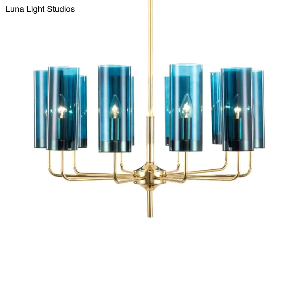 Blue/Amber Glass Cylinder Chandelier - 6/10 Lights In Gold For Modern Living Room