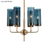 Blue/Amber Glass Cylinder Chandelier - 6/10 Lights In Gold For Modern Living Room