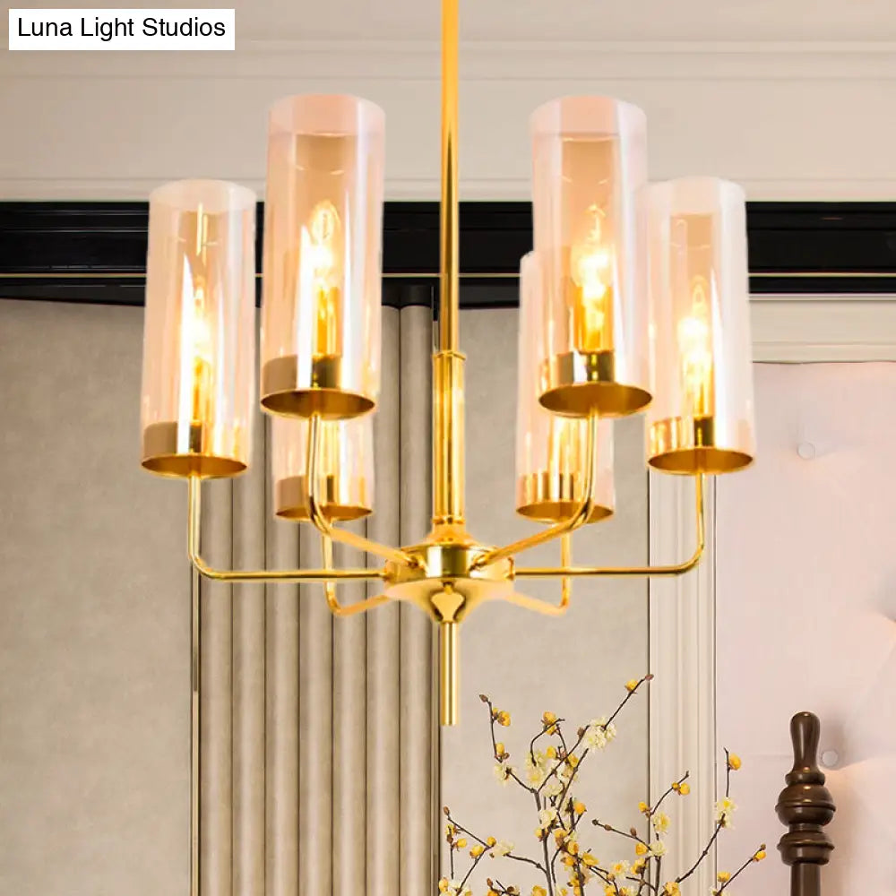 Blue/Amber Glass Cylinder Chandelier - 6/10 Lights In Gold For Modern Living Room