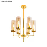 Blue/Amber Glass Cylinder Chandelier - 6/10 Lights In Gold For Modern Living Room