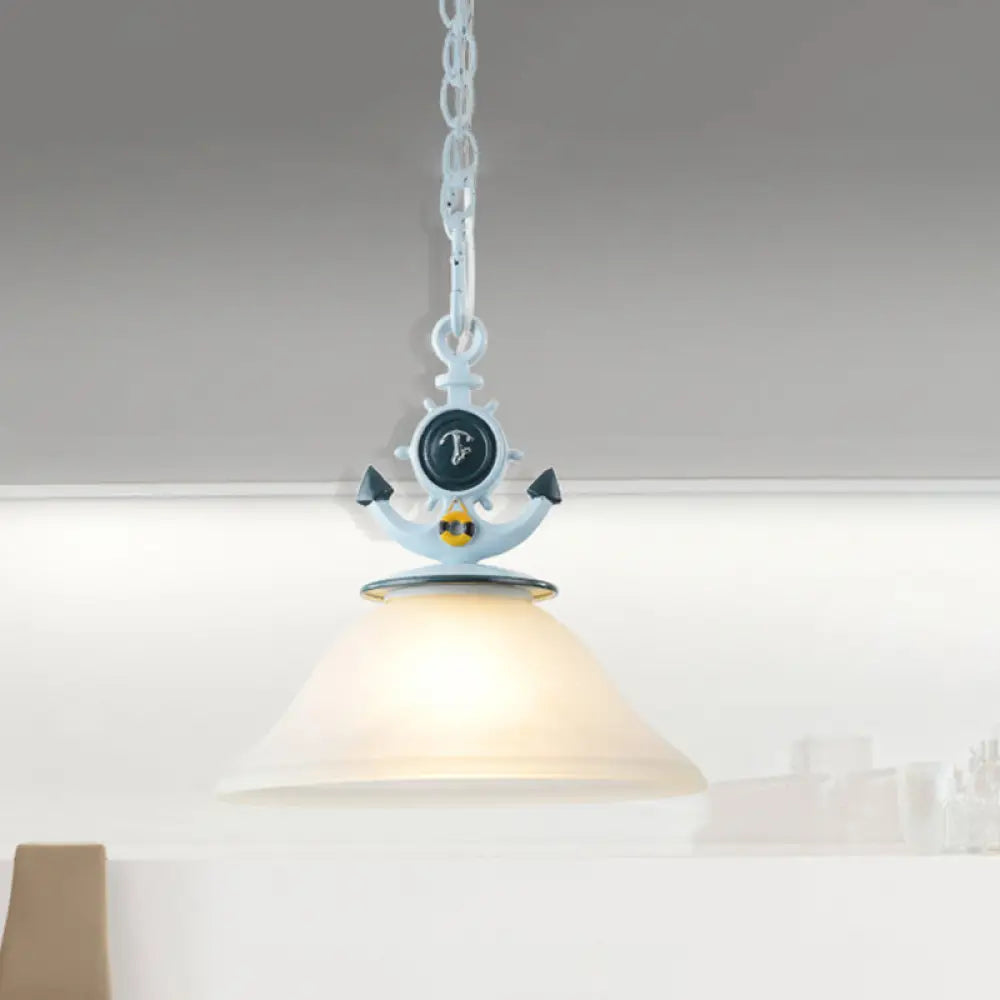 Blue Anchor Frosted Glass Bell Hanging Light For Kids Room