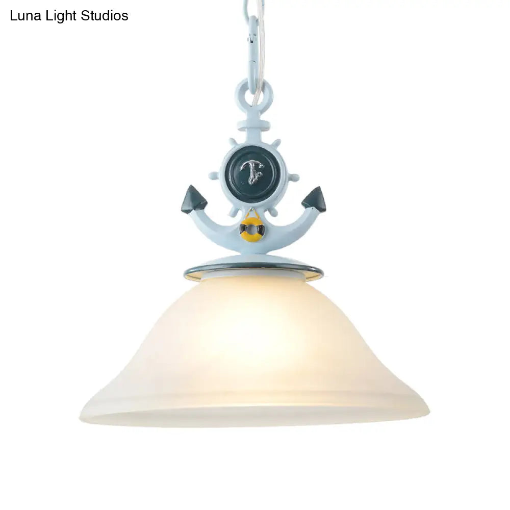 Blue Anchor Frosted Glass Bell Hanging Light For Kids Room