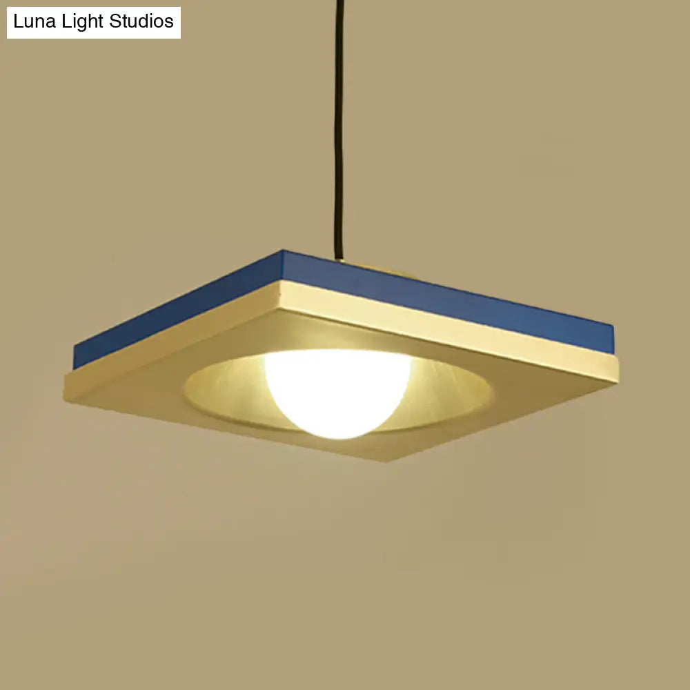 Blue And Gold Modernist Drop Pendant Ceiling Fixture With Metal Concave Squares 1 Bulb For Bedrooms