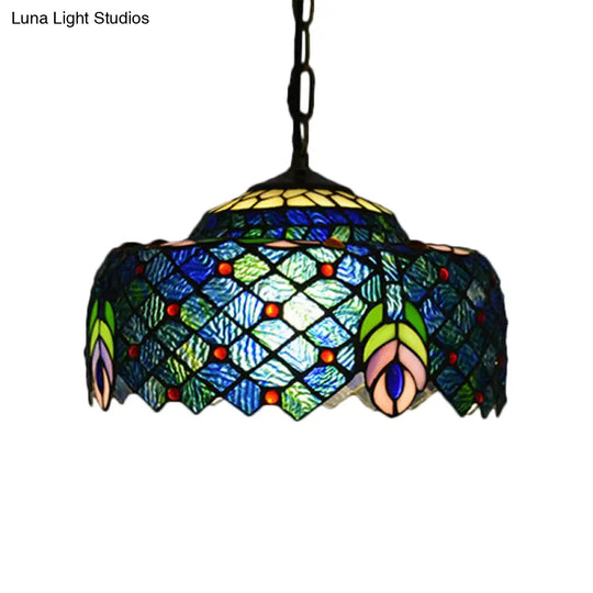 Blue And Green Tiffany Glass Drum Hanging Lamp - Hand Cut Peacock Tail Pattern 1-Light Ceiling