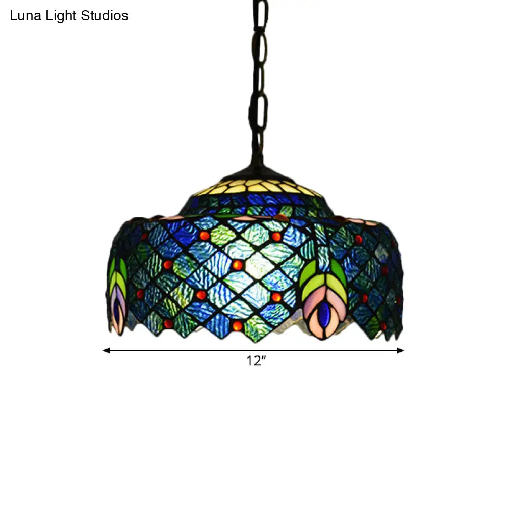 Blue And Green Tiffany Glass Drum Hanging Lamp - Hand Cut Peacock Tail Pattern 1-Light Ceiling