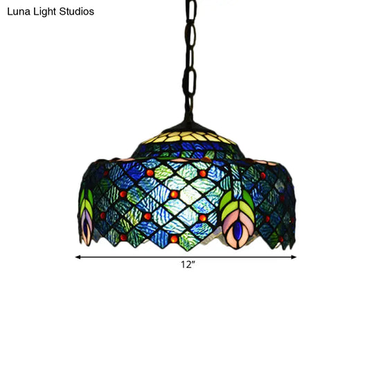 Blue And Green Tiffany Glass Drum Hanging Lamp - Hand Cut Peacock Tail Pattern 1-Light Ceiling