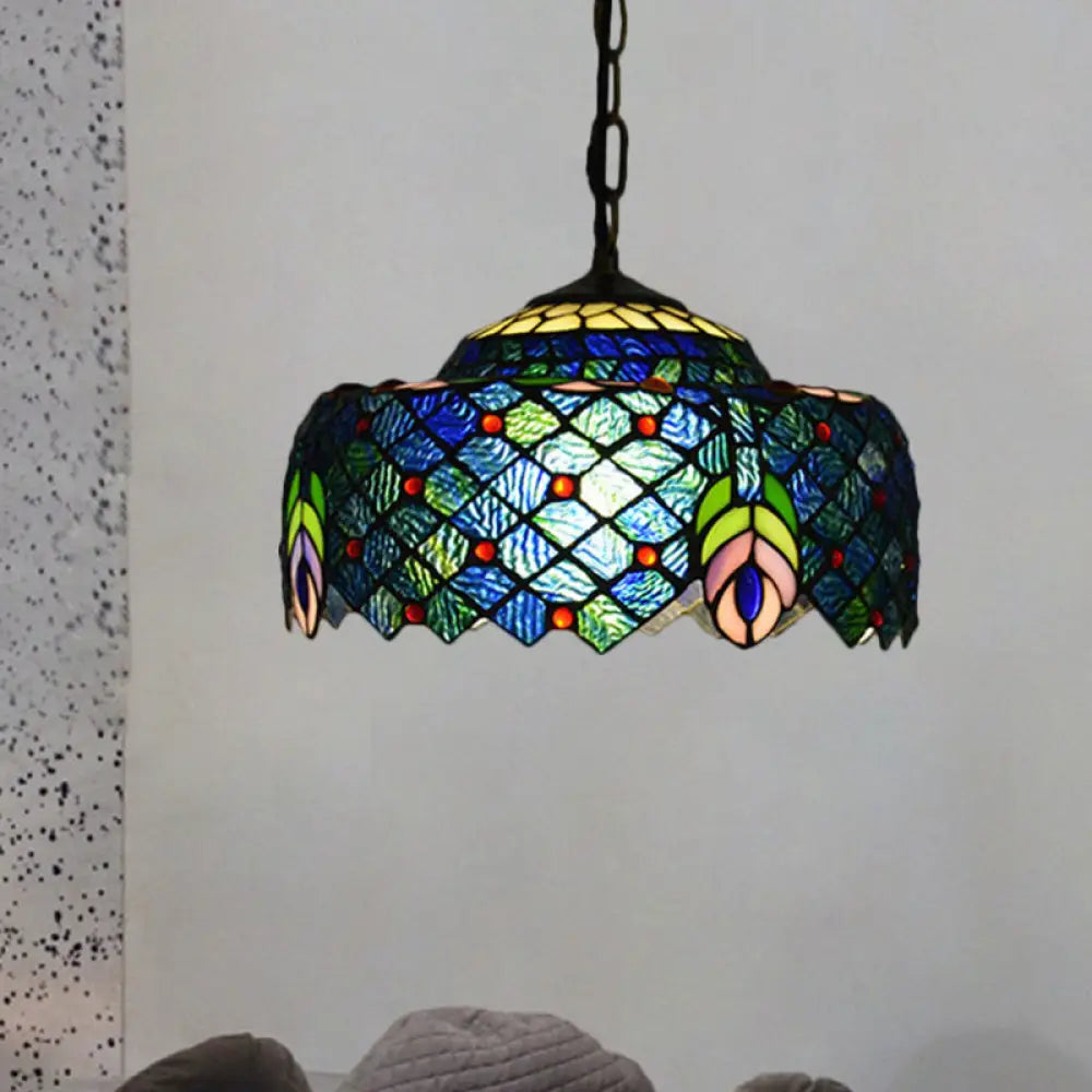 Blue And Green Tiffany Glass Drum Hanging Lamp - Hand Cut Peacock Tail Pattern 1-Light Ceiling