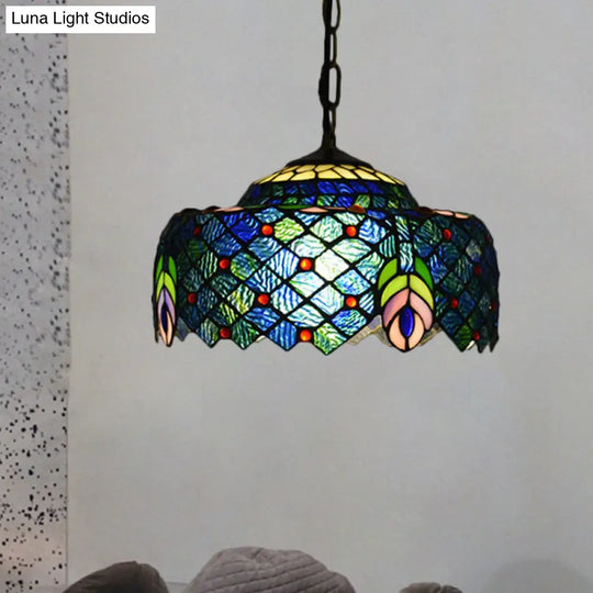 Hanging Lamp Kit: Blue/Green Drum Tiffany 1-Light With Peacock Tail Pattern Blue-Green