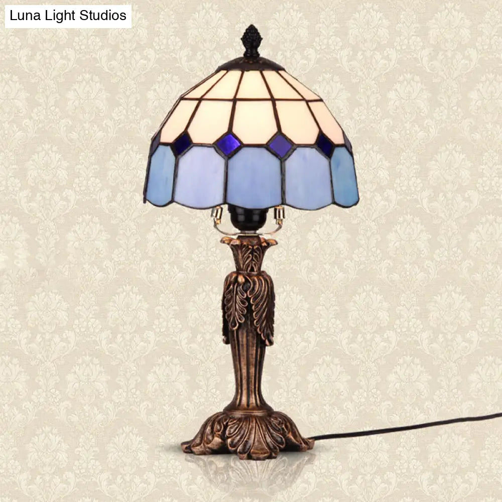 Blue And White Glass Bowl Table Lamp - Tiffany-Inspired 1-Light Night Light For Bedroom