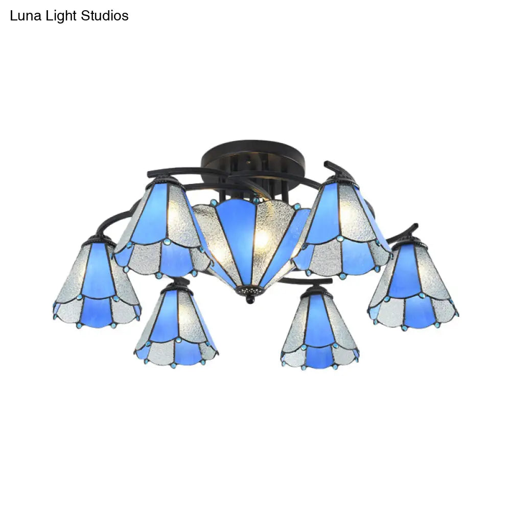 Blue And White Glass Semi - Flush Conical Ceiling Light With 9/11 Lights - Black Lighting Fixture