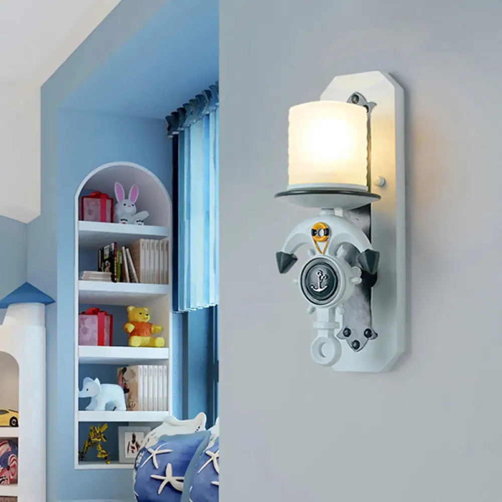 Blue Antique Style Milk Glass Cylinder Wall Light With Anchor Deco Sconce For Front Door 1 /