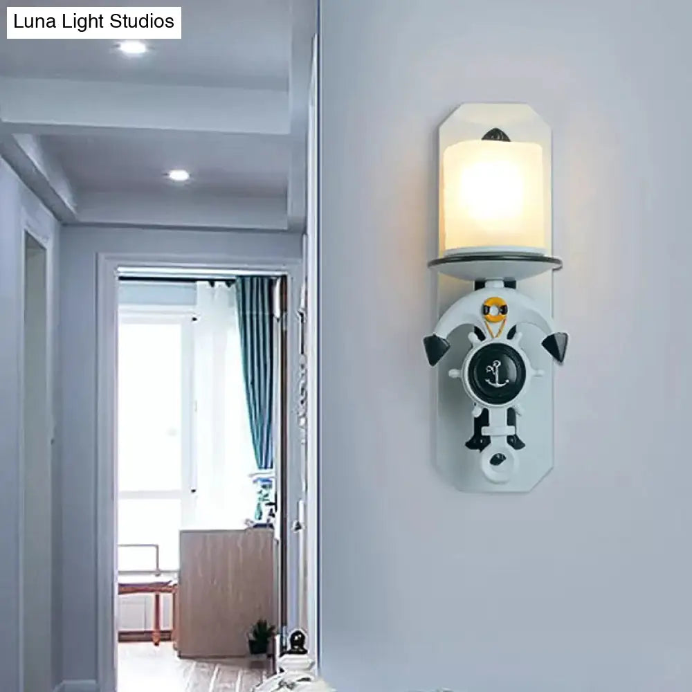 Blue Antique Style Milk Glass Cylinder Wall Light With Anchor Deco Sconce For Front Door