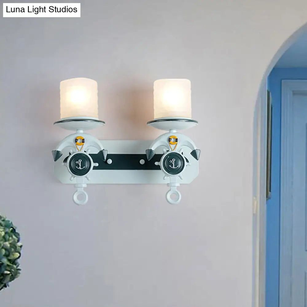 Blue Antique Style Milk Glass Cylinder Wall Light With Anchor Deco Sconce For Front Door