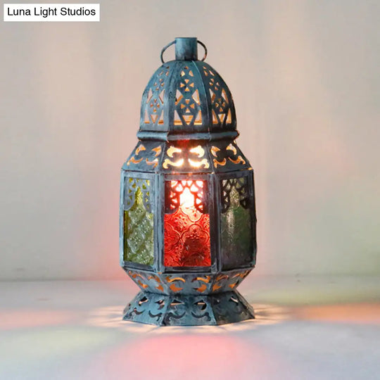 Blue Antiqued Metal Desk Lamp With Textured Glass Shade