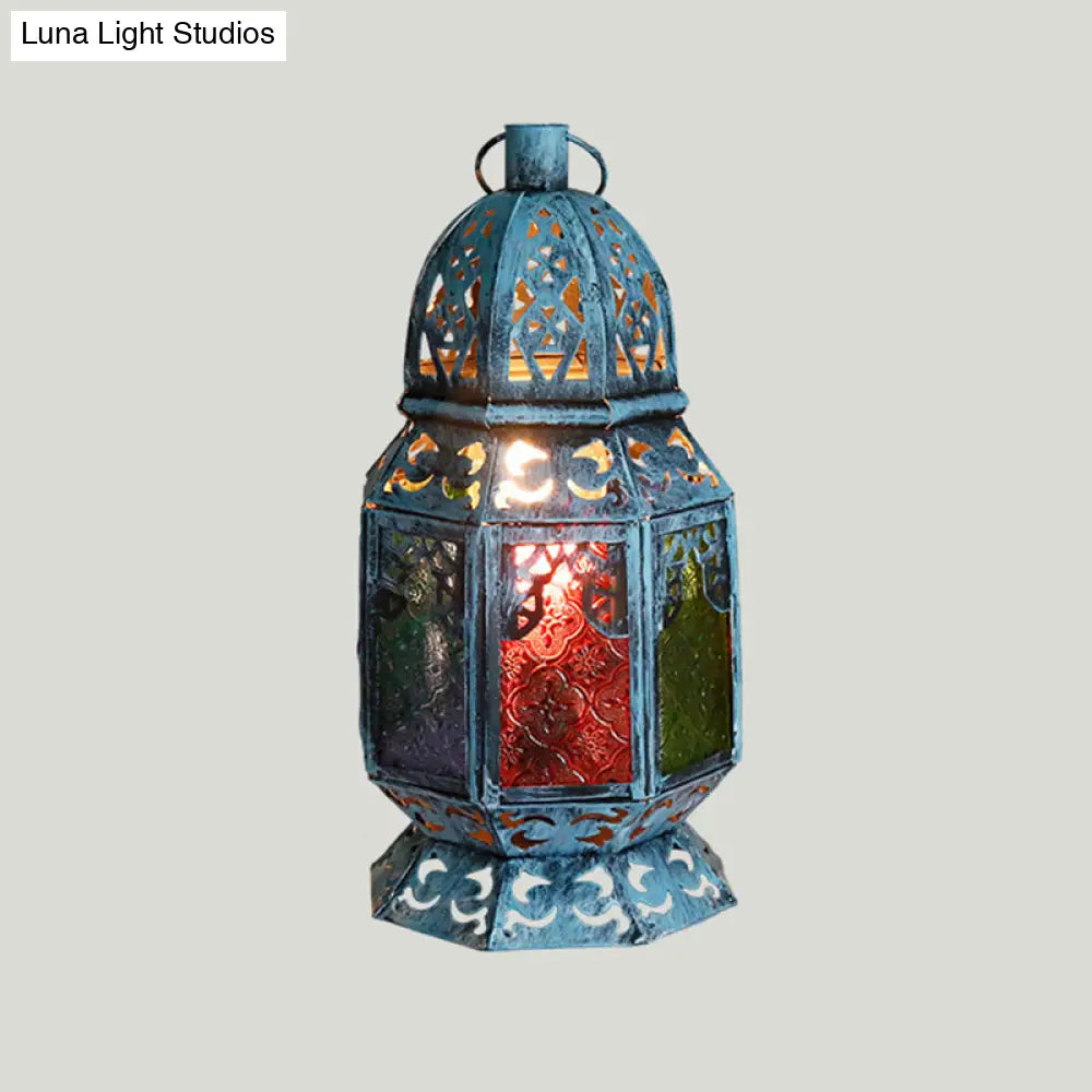 Blue Antiqued Metal Desk Lamp With Textured Glass Shade