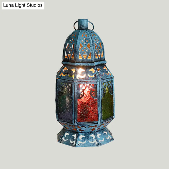 Blue Antiqued Metal Desk Lamp With Textured Glass Shade