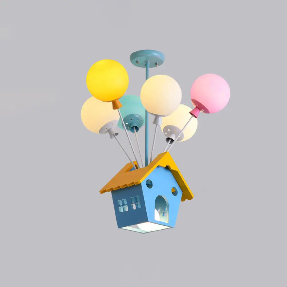 Blue Balloon House Hanging Lamp: Cartoon-Style Chandelier With 6 Wooden Bulbs & Multicolored Glass