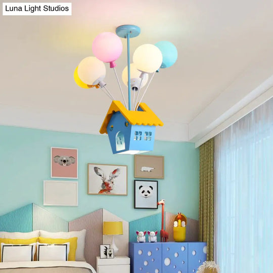 Blue Balloon House Hanging Lamp: Cartoon-Style Chandelier With 6 Wooden Bulbs & Multicolored Glass