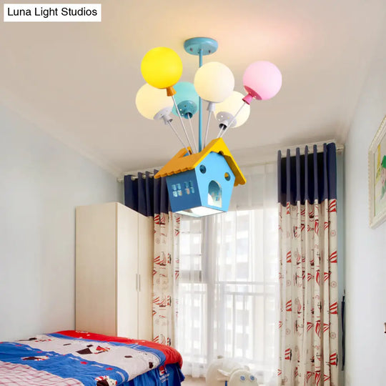 Blue Balloon House Hanging Lamp: Cartoon-Style Chandelier With 6 Wooden Bulbs & Multicolored Glass