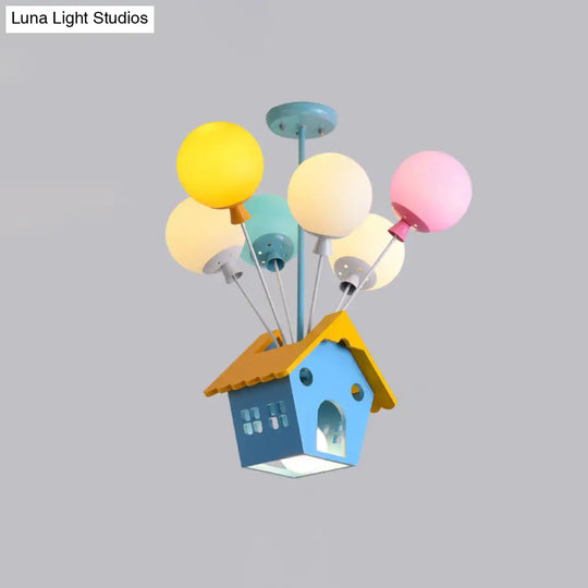 Blue Balloon House Hanging Lamp: Cartoon-Style Chandelier With 6 Wooden Bulbs & Multicolored Glass