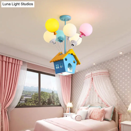 Blue Balloon House Hanging Lamp: Cartoon-Style Chandelier With 6 Wooden Bulbs & Multicolored Glass