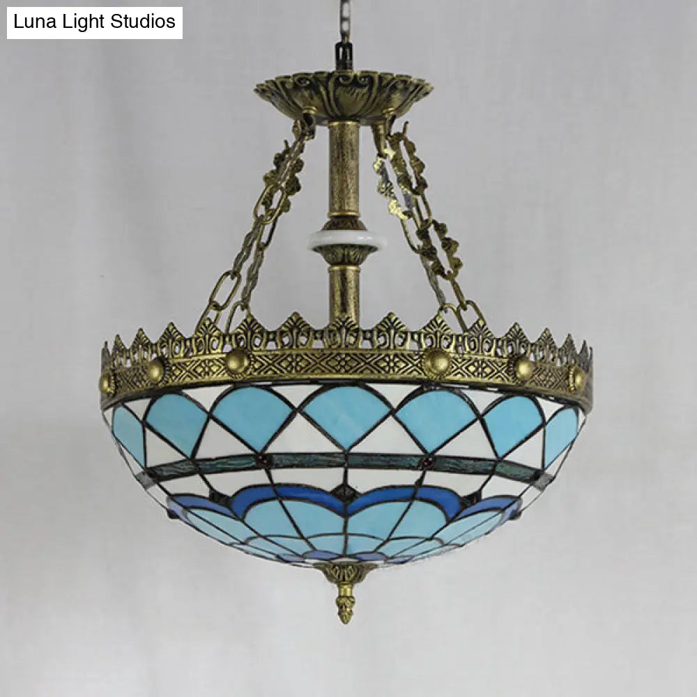 Blue Stained Glass Baroque Bowl Pendant Light - 3 Bulbs Indoor Hanging For Library