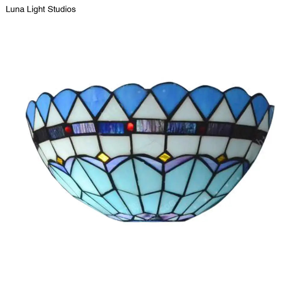 Blue Baroque Bowl Wall Mount Light: Stained Glass Sconce With/Without Pull Chain