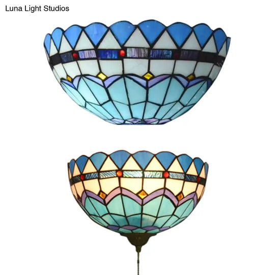 Blue Baroque Bowl Wall Mount Light: Stained Glass Sconce With/Without Pull Chain