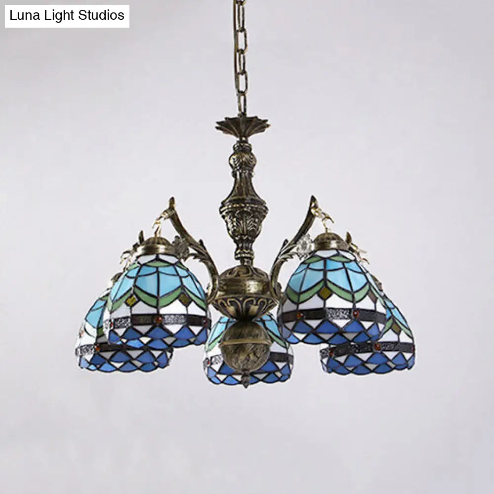 Baroque Dome 5-Light Stained Glass Chandelier In Blue Perfect For Living Room