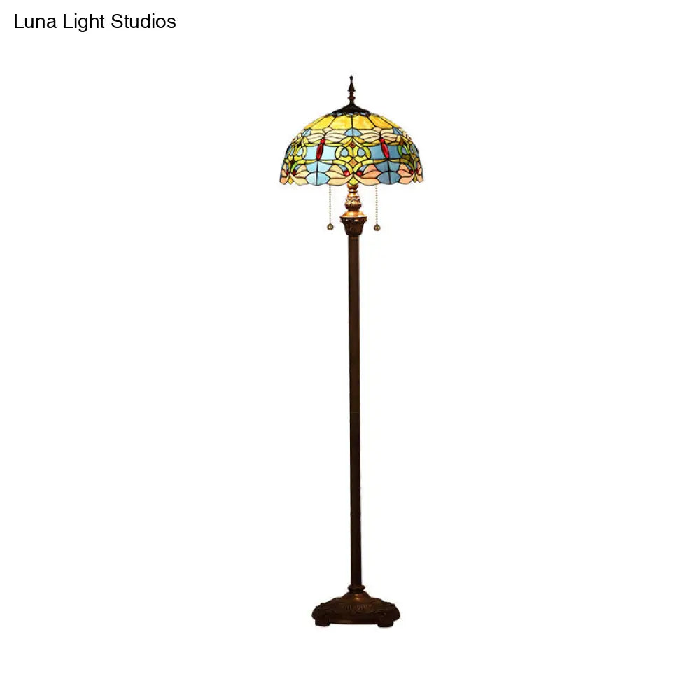 Blue Baroque Dome Stained Glass Standing Light With Pull Chain - Set Of 2 Bulbs For Floor Lighting