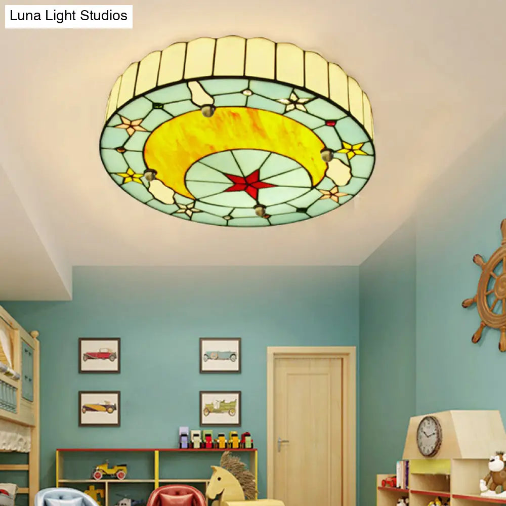 Blue Baroque Glass Ceiling Lamp: Hand - Crafted Round Flush Mount Light For Bedroom