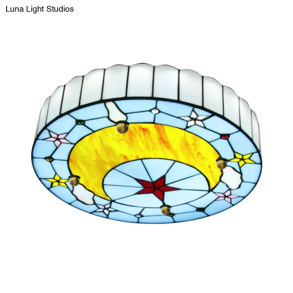 Blue Baroque Glass Ceiling Lamp: Hand-Crafted Round Flush Mount Light For Bedroom