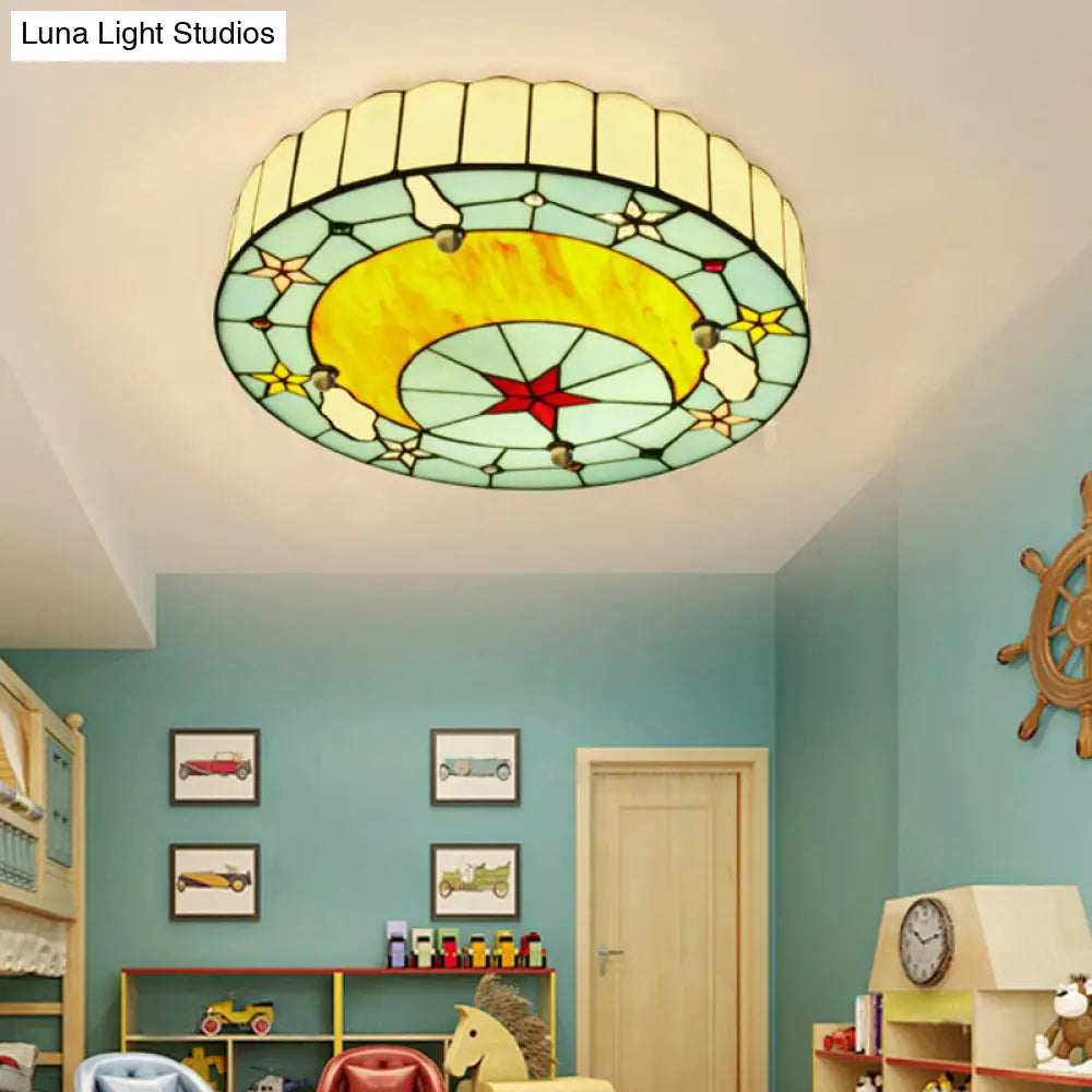 Blue Baroque Glass Ceiling Lamp: Hand-Crafted Round Flush Mount Light For Bedroom