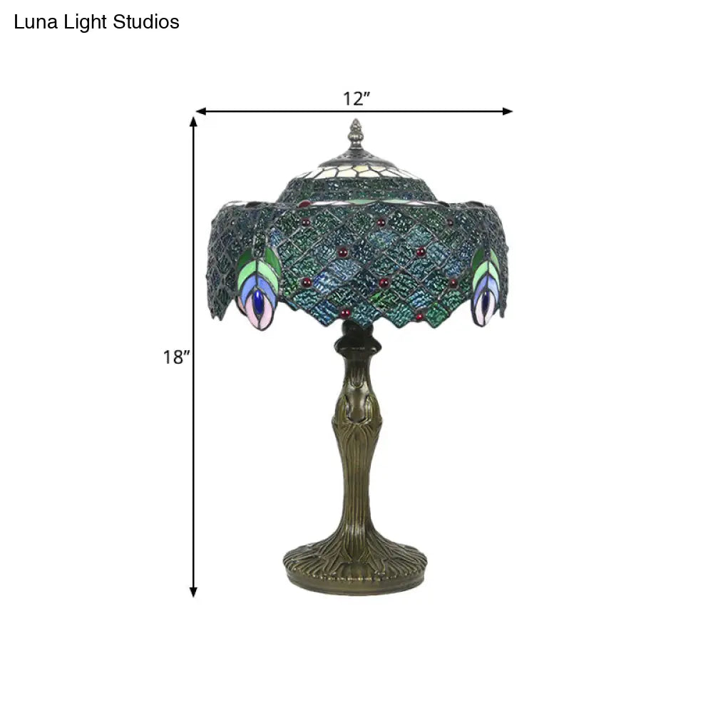 Blue Baroque Glass Nightstand Lamp With Peacock Feather Pattern